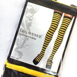 * Leg Avenue #6005 Thigh High Yellow Black Nylon Striped Stockings NWT NOS